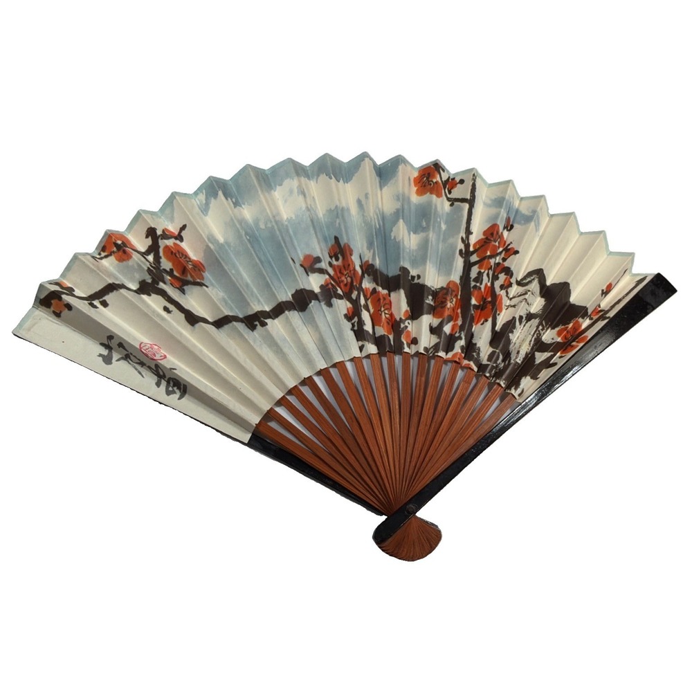 Vintage CAAC Chinese Aviation Folding Fan Hand Painted Plum Blossom Wood